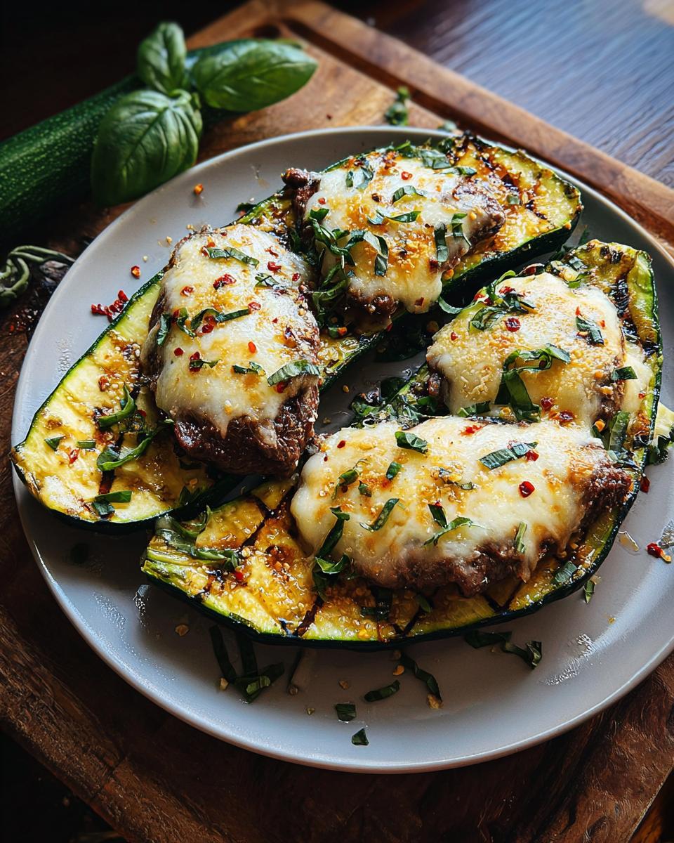 Close-up of grilled zucchini boats filled with steak and topped with melted cheese and fresh basil, part of the Effortless Garlic Butter Steak & Zucchini Delight.