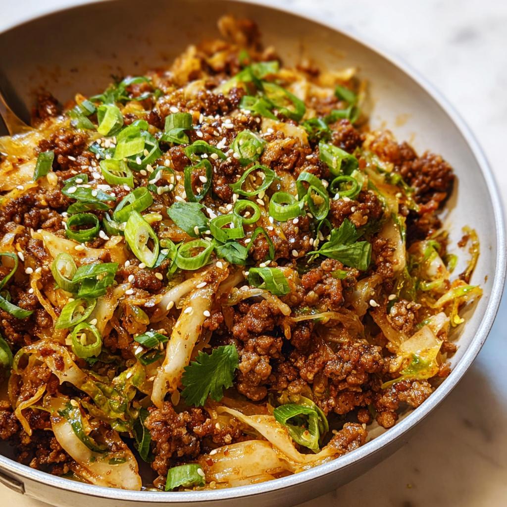 Close-up of a bowl of Egg Roll in a Bowl, featuring ground beef, cabbage, and green onions, topped with sesame seeds.