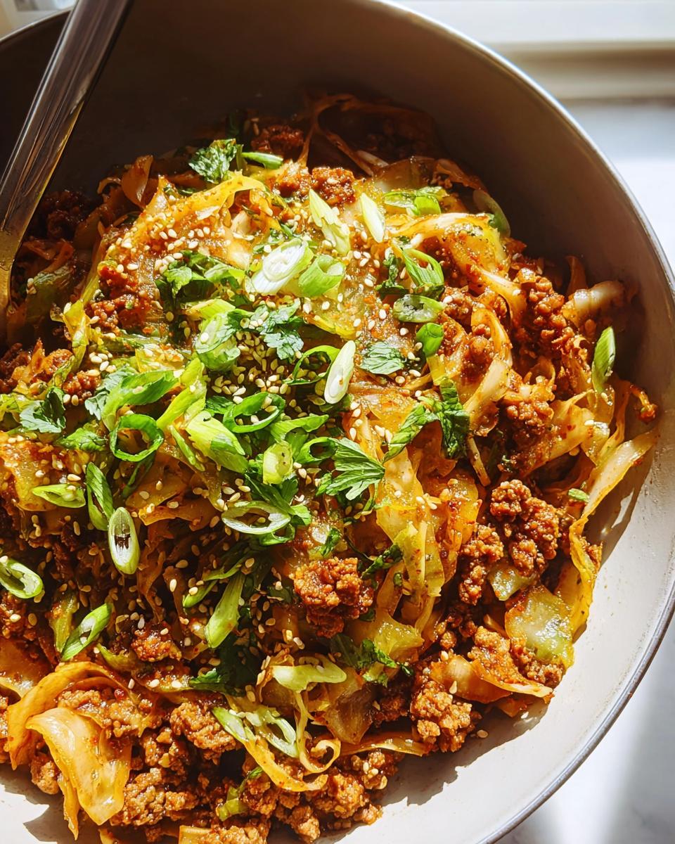Close-up of a bowl of Egg Roll in a Bowl, featuring ground meat, cabbage, and garnished with sesame seeds and green onions.