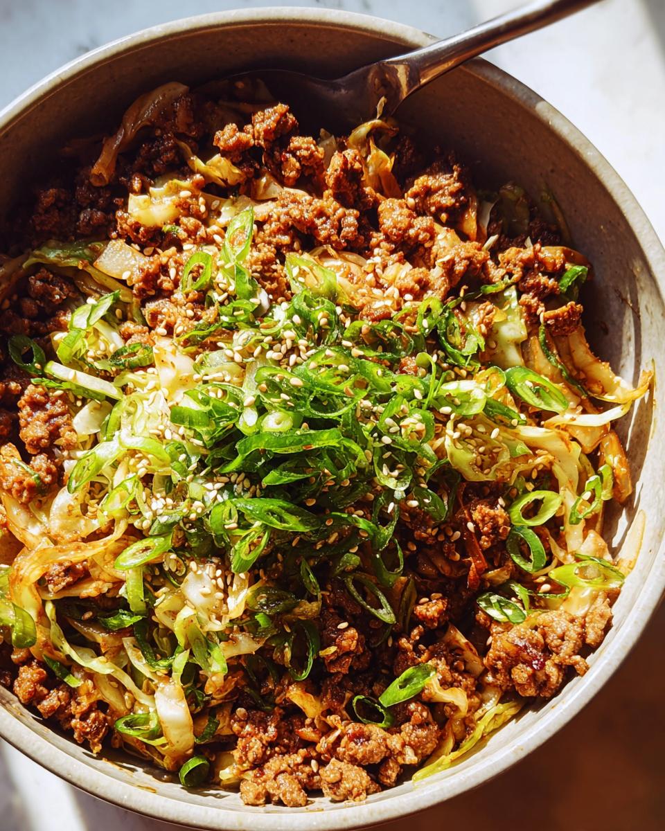 A close-up overhead shot of a bowl filled with Egg Roll in a Bowl, featuring ground meat, cabbage, and green onions.