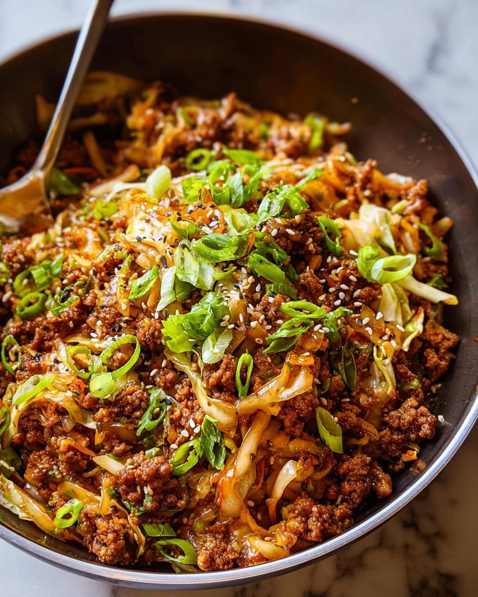 Close-up of a bowl of Egg Roll in a Bowl, featuring ground meat, cabbage, and green onions, topped with sesame seeds.