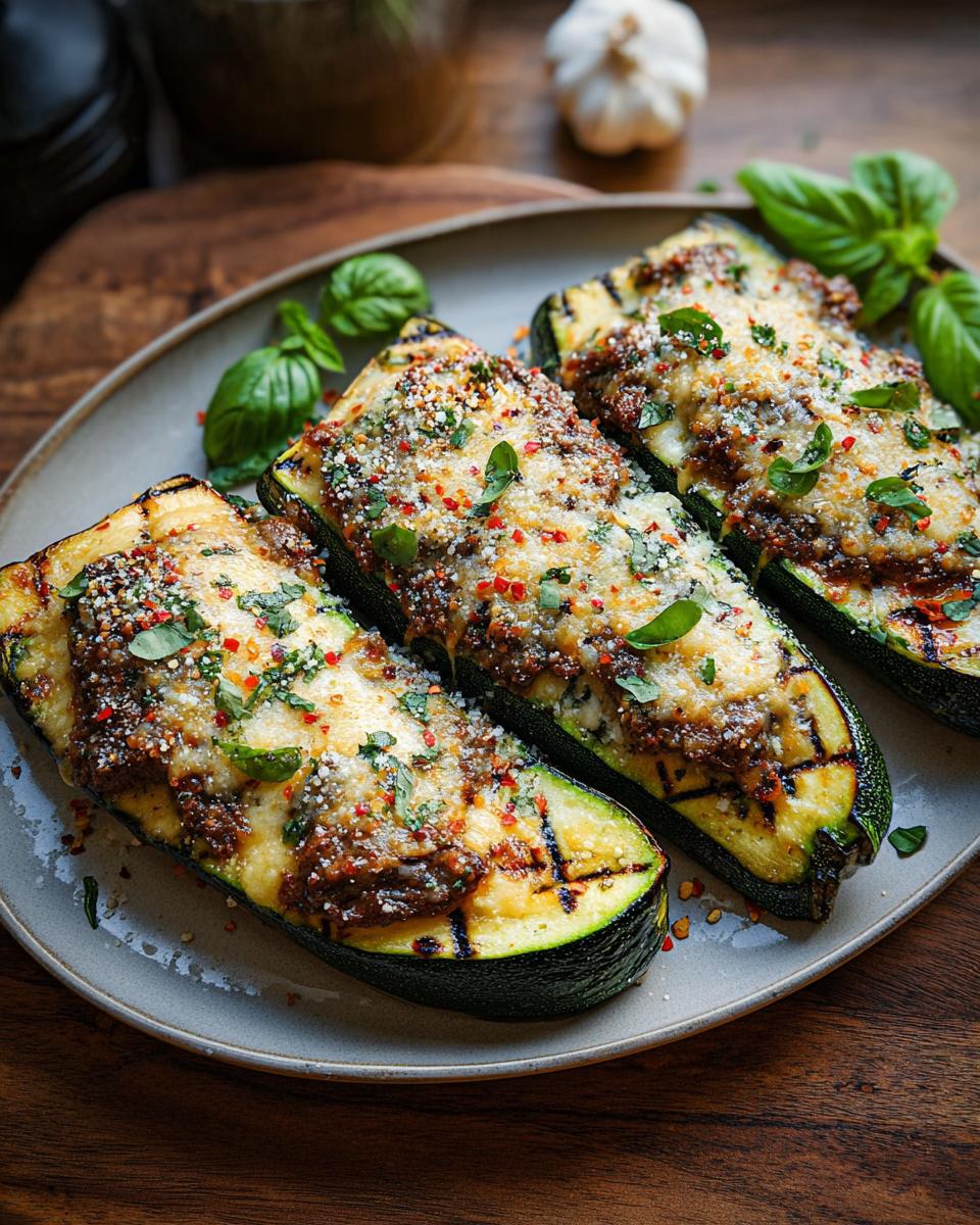 Three grilled zucchini halves topped with steak, cheese, and herbs, part of the Effortless Garlic Butter Steak & Zucchini Delight.