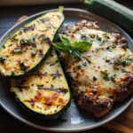 A juicy garlic butter steak topped with melted cheese and herbs, served with grilled zucchini slices.