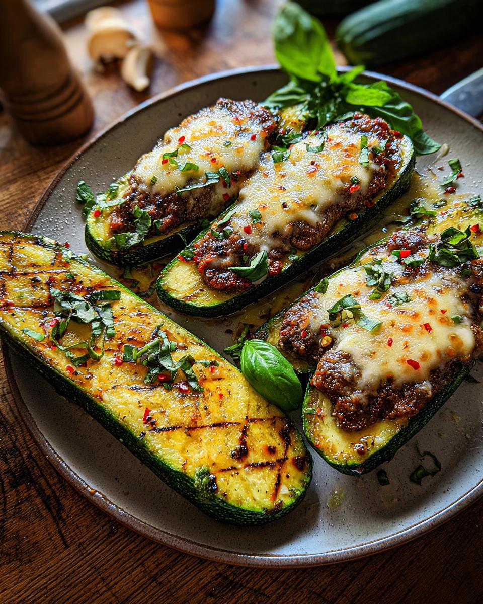 Grilled zucchini boats filled with a savory steak mixture and topped with melted cheese, part of the Effortless Garlic Butter Steak & Zucchini Delight.
