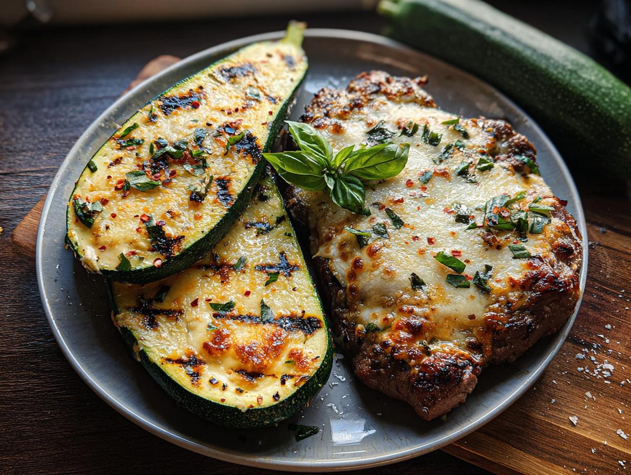 A juicy garlic butter steak topped with melted cheese and herbs, served with grilled zucchini slices.