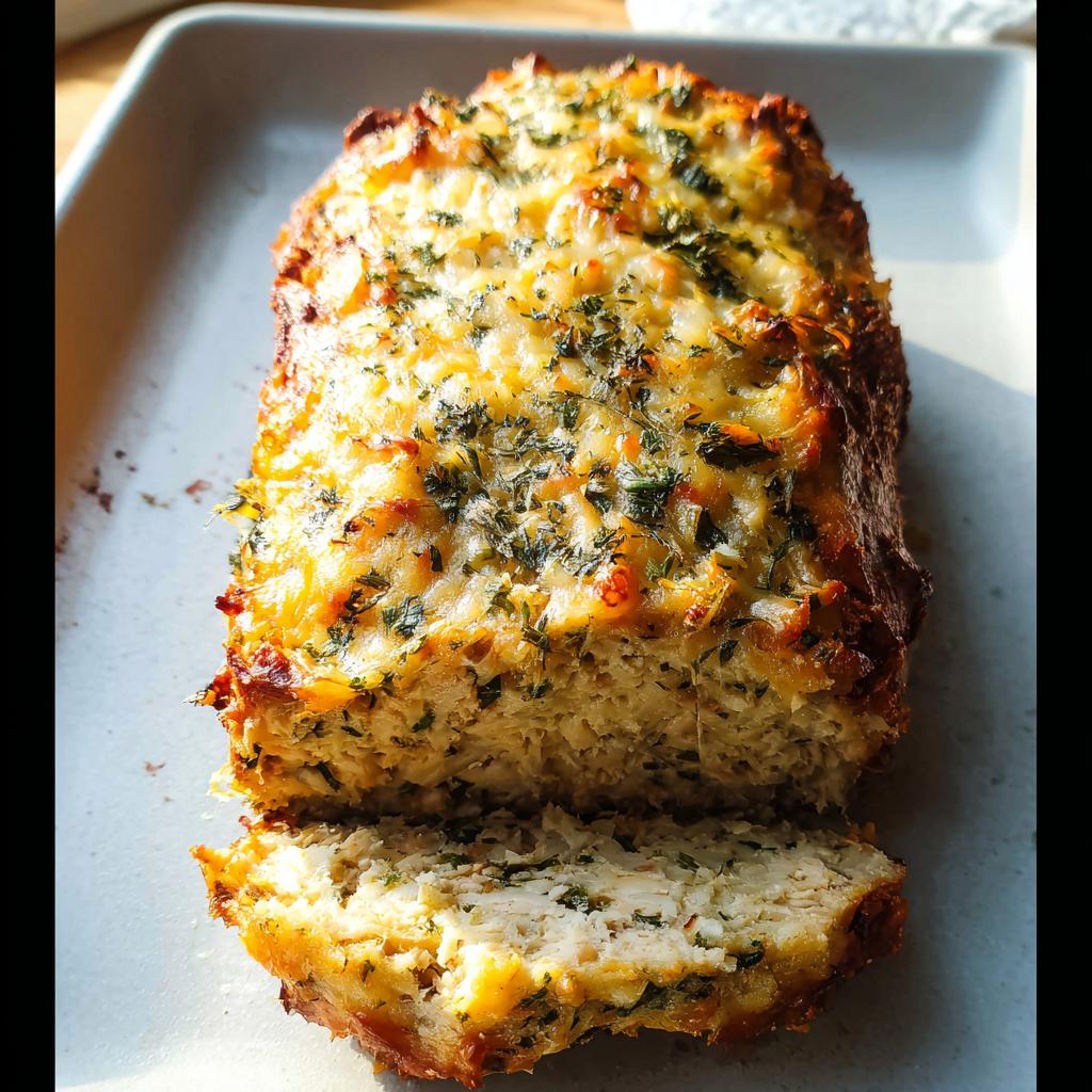 A golden brown Garlic Parmesan Chicken Meatloaf, sliced to reveal a moist interior, topped with herbs.