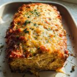 A close-up of a freshly baked Garlic Parmesan Chicken Meatloaf in a baking dish, topped with melted cheese and parsley.