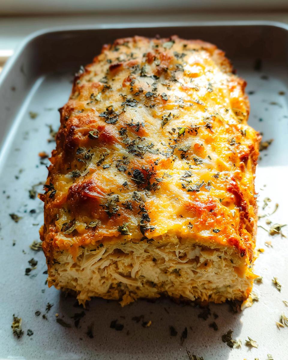A close-up of a freshly baked Garlic Parmesan Chicken Meatloaf in a baking dish, topped with melted cheese and herbs.