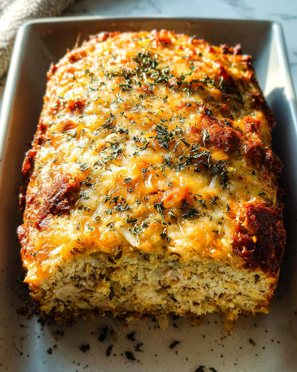 A golden-brown Garlic Parmesan Chicken Meatloaf baked in a dish and topped with melted cheese and herbs.