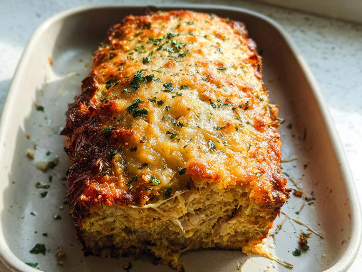 A close-up of a freshly baked Garlic Parmesan Chicken Meatloaf in a baking dish, topped with melted cheese and parsley.
