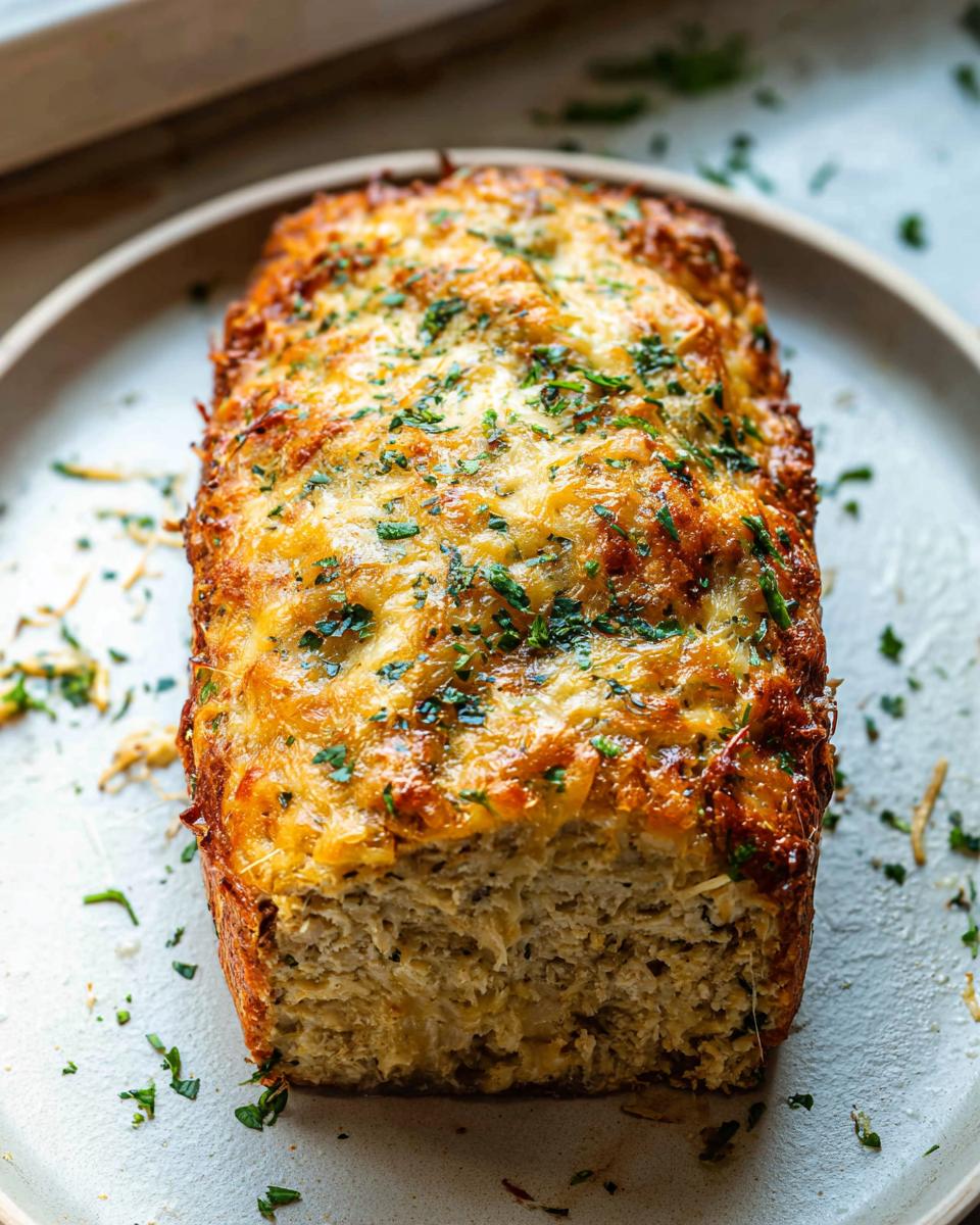 A golden brown Garlic Parmesan Chicken Meatloaf topped with melted cheese and fresh parsley, served on a plate.
