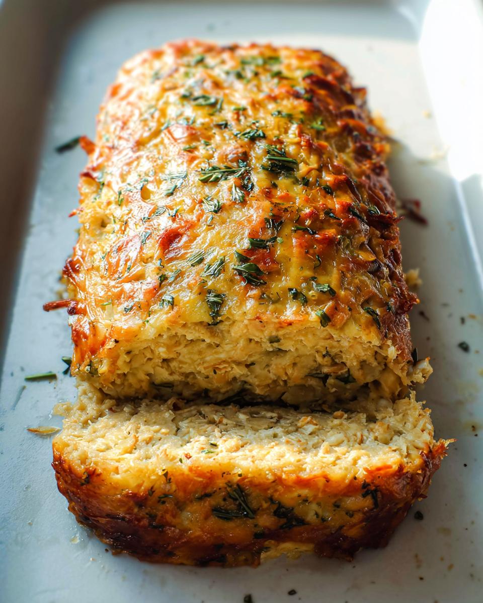 A close-up of a golden brown Garlic Parmesan Chicken Meatloaf, sliced to reveal its tender interior, garnished with herbs.