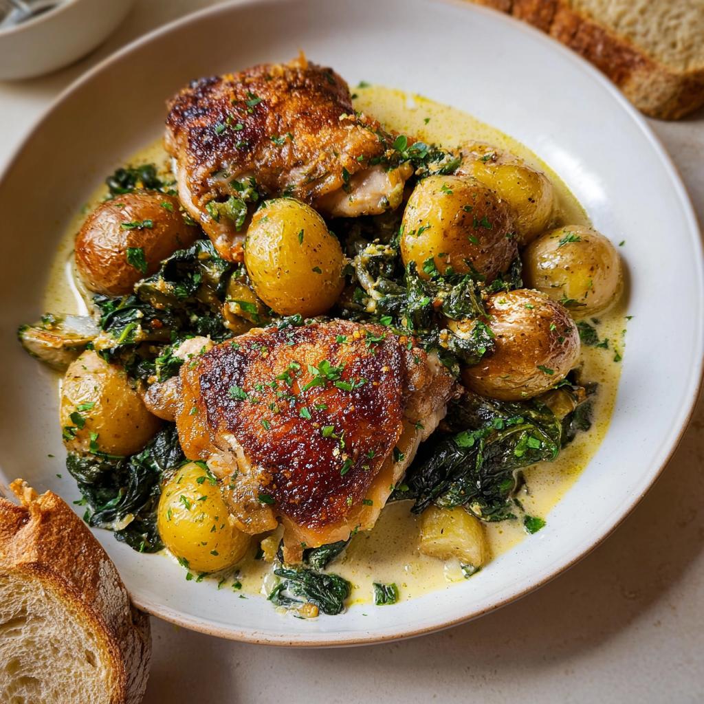 A plate of Garlic Parmesan Chicken Thighs and Potatoes in a creamy sauce, garnished with parsley.