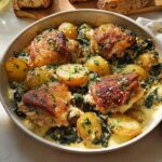 A close-up of a creamy dish featuring golden-brown Garlic Parmesan Chicken Thighs and roasted potatoes with wilted greens.