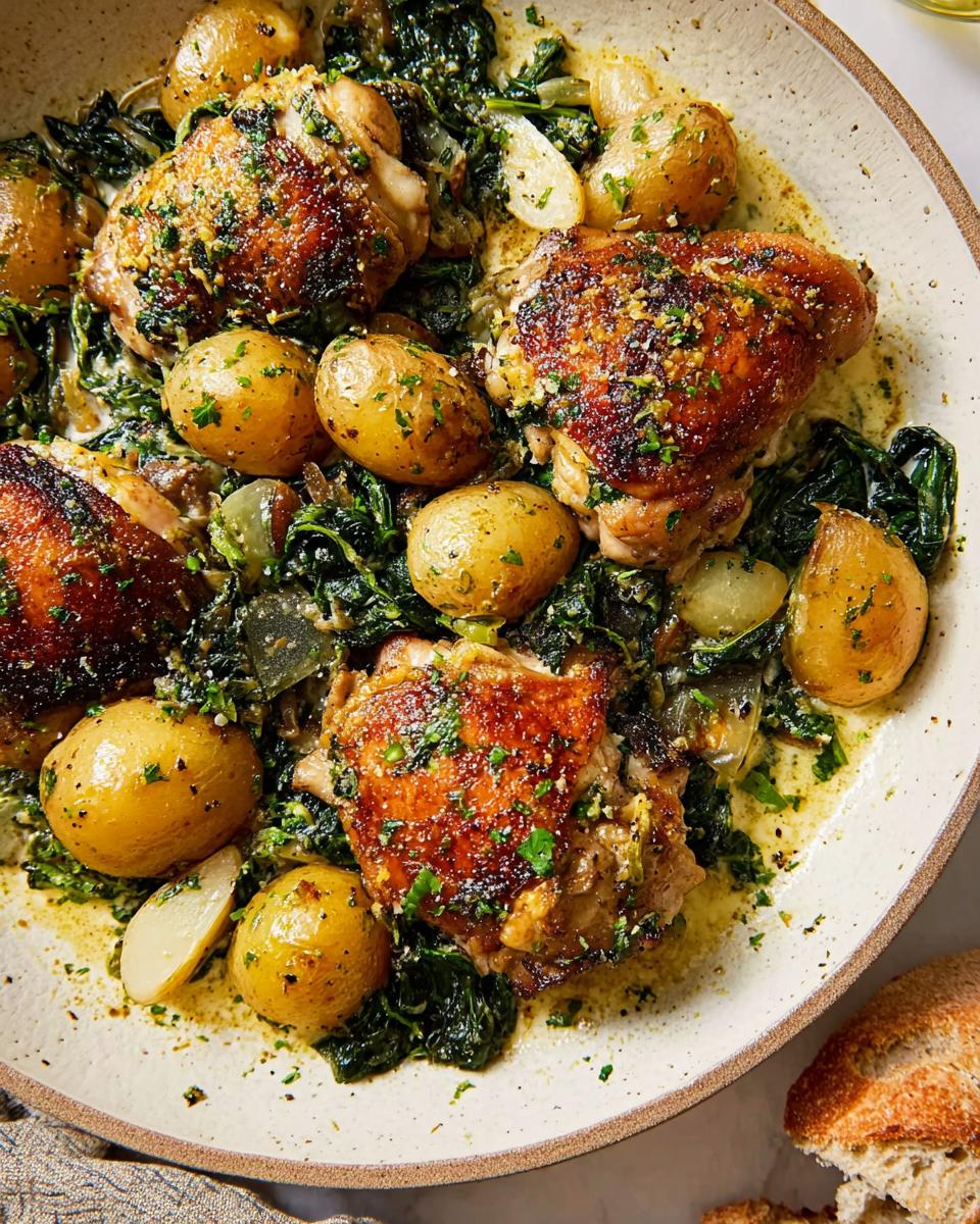 A close-up of Garlic Parmesan Chicken Thighs and Potatoes in a creamy sauce, garnished with herbs.