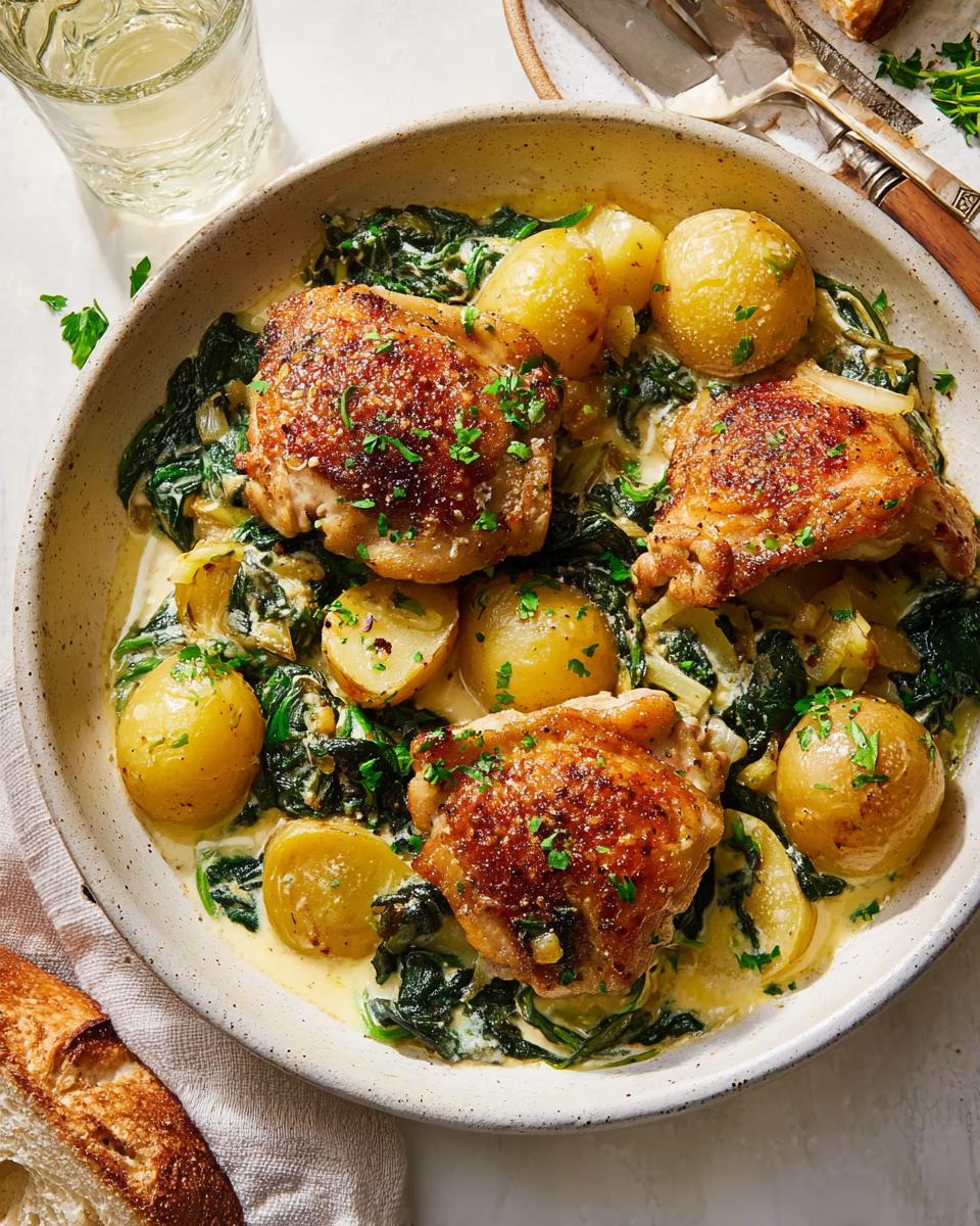 A bowl of Garlic Parmesan Chicken Thighs and Potatoes with creamy sauce and spinach, garnished with parsley.