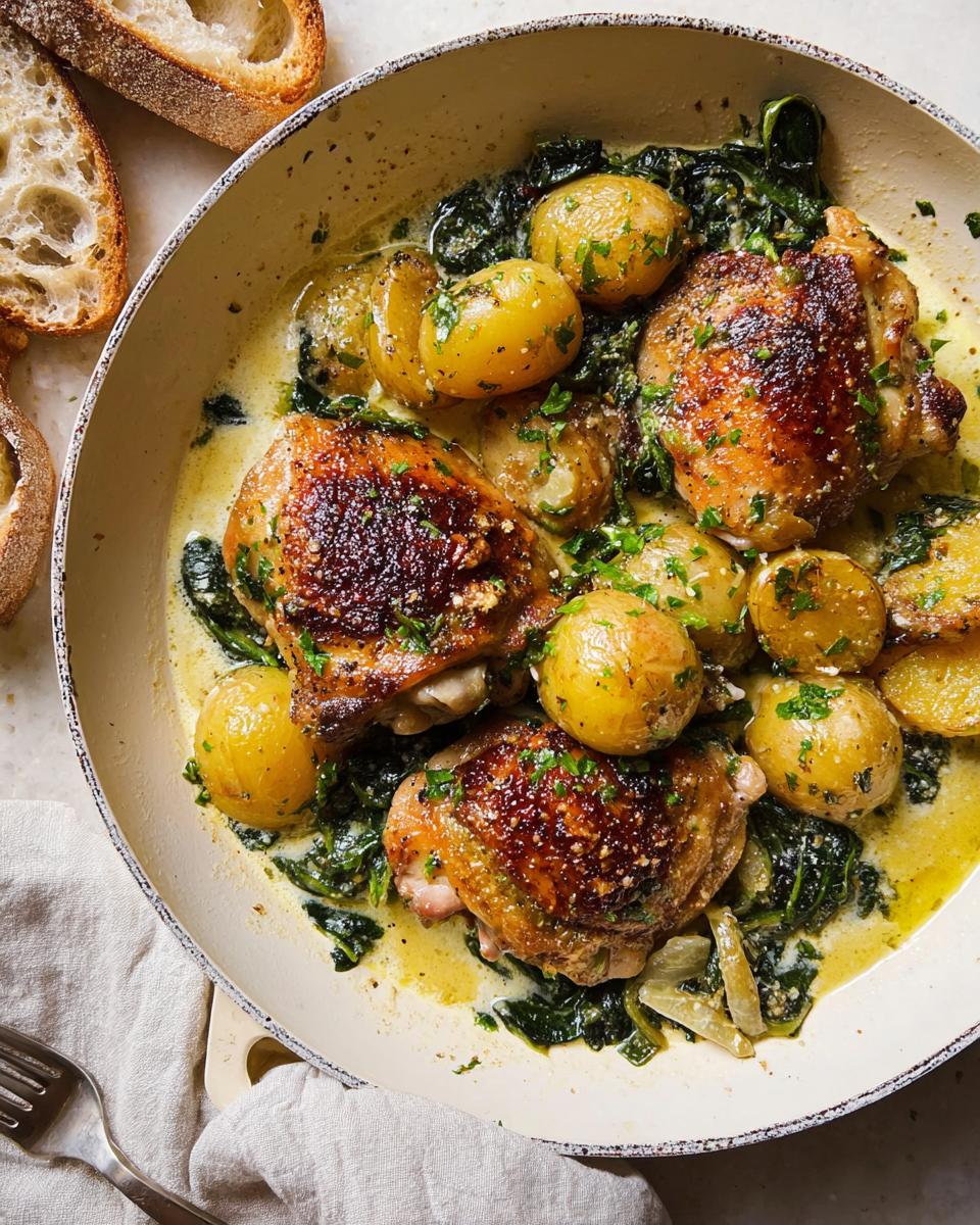 A close-up of pan-seared Garlic Parmesan Chicken Thighs and Potatoes with wilted greens and a creamy sauce.
