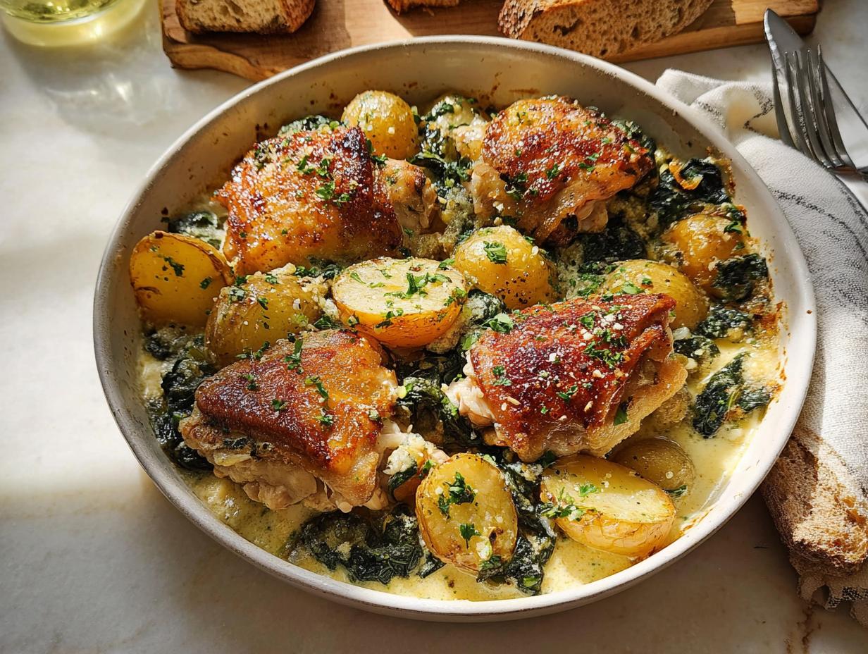 A close-up of a creamy dish featuring golden-brown Garlic Parmesan Chicken Thighs and roasted potatoes with wilted greens.
