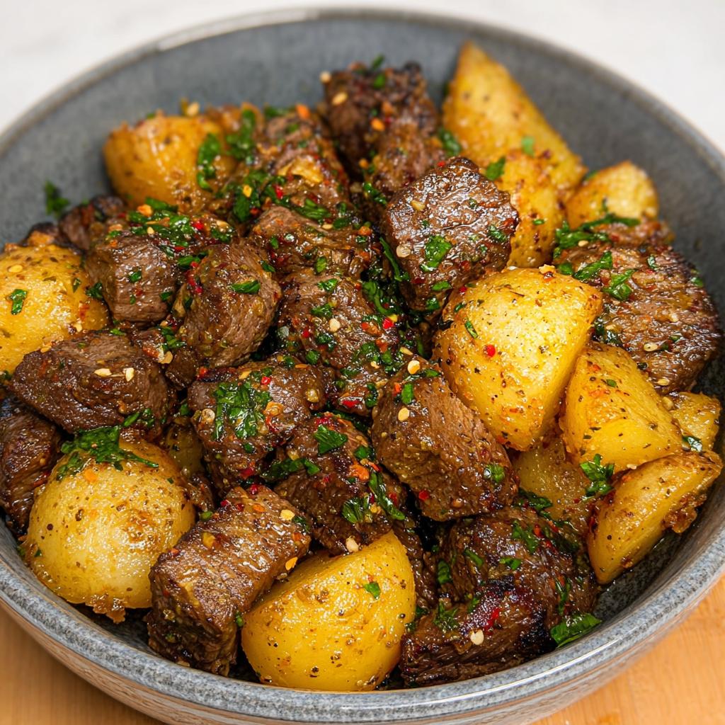 Close-up of a bowl filled with tender garlic steak bites and golden roasted potatoes, garnished with fresh herbs.