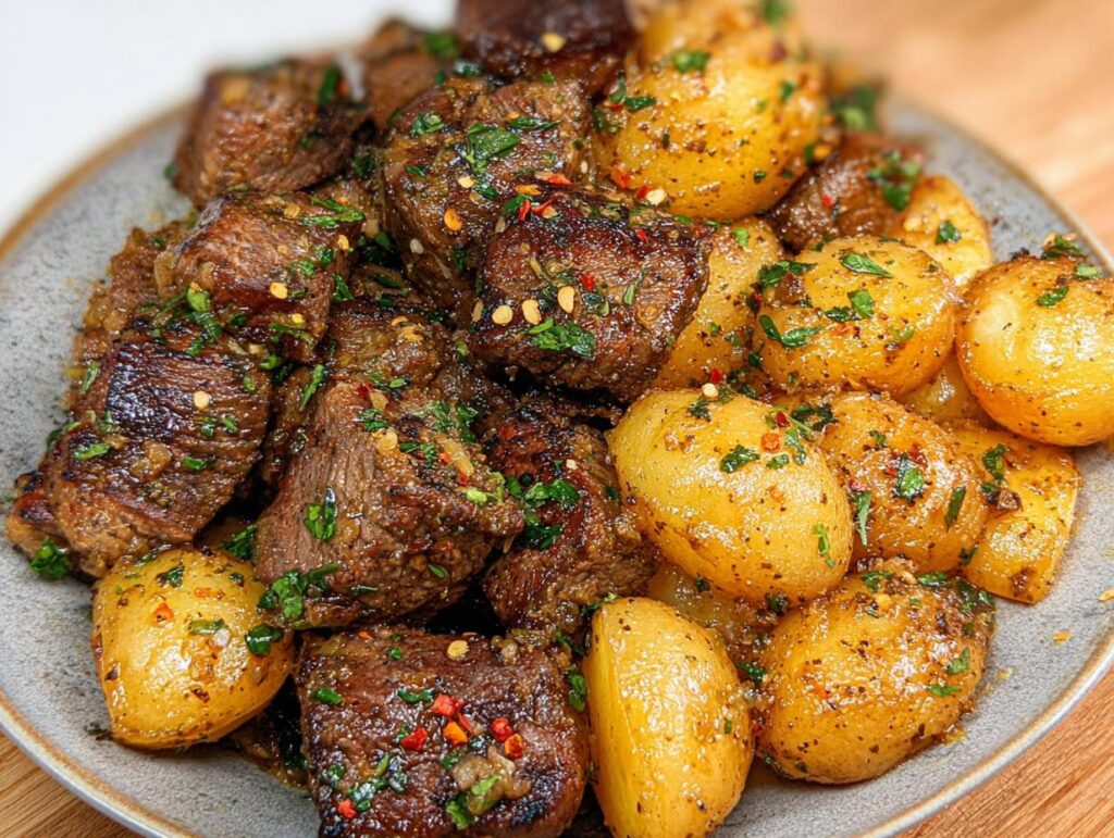 Close-up of delicious garlic steak bites and roasted potatoes, seasoned with herbs and chili flakes.