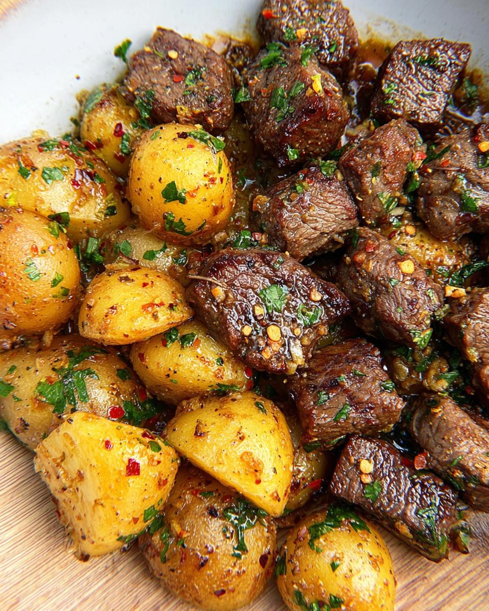 Close-up of golden potatoes and juicy garlic steak bites seasoned with herbs and red pepper flakes.