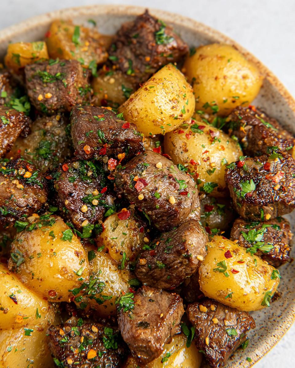 Close-up of tender garlic steak bites mixed with golden roasted potatoes, garnished with parsley and chili flakes.