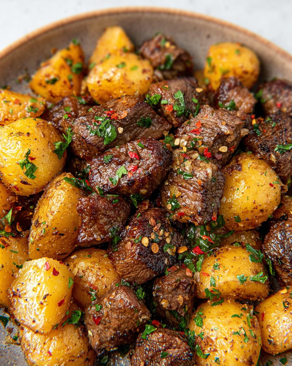 Close-up of golden potatoes and juicy garlic steak bites seasoned with herbs and red pepper flakes.