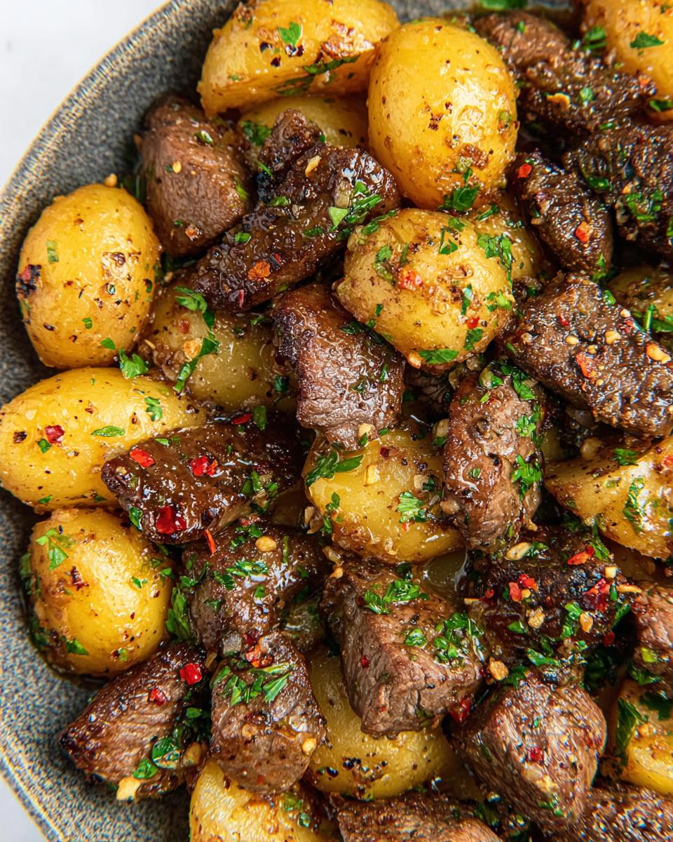 Close-up of a bowl filled with garlic steak bites and roasted potatoes, garnished with parsley and red pepper flakes.