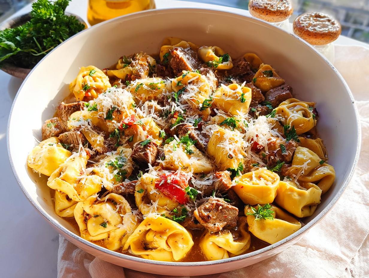 A close-up of a large bowl filled with Garlic Steak Tortellini, garnished with Parmesan cheese and parsley.