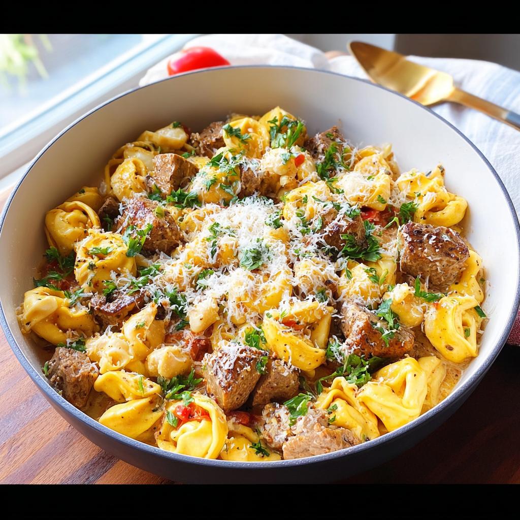 A close-up of a bowl filled with Garlic Steak Tortellini, topped with grated cheese and fresh parsley.