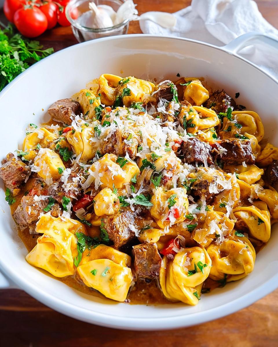 A close-up shot of a white bowl filled with Garlic Steak Tortellini, topped with grated cheese and parsley.