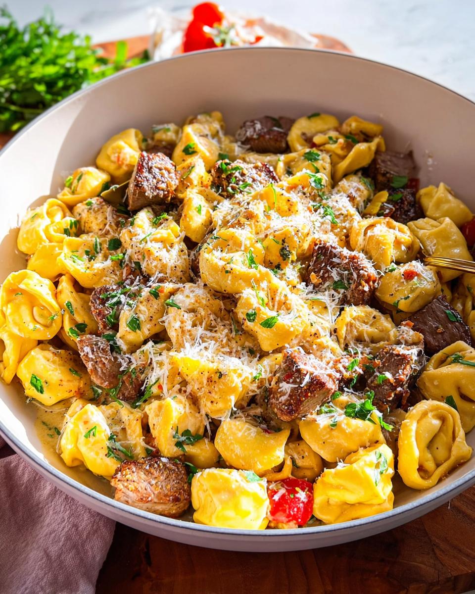 A large bowl of Garlic Steak Tortellini, topped with grated Parmesan cheese and fresh parsley.