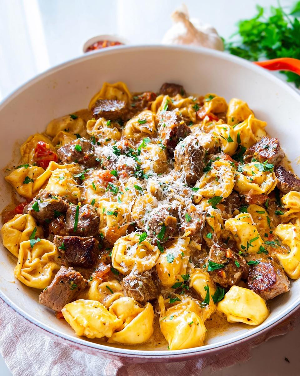 Close-up of Garlic Steak Tortellini in a creamy sauce, topped with grated cheese and parsley.
