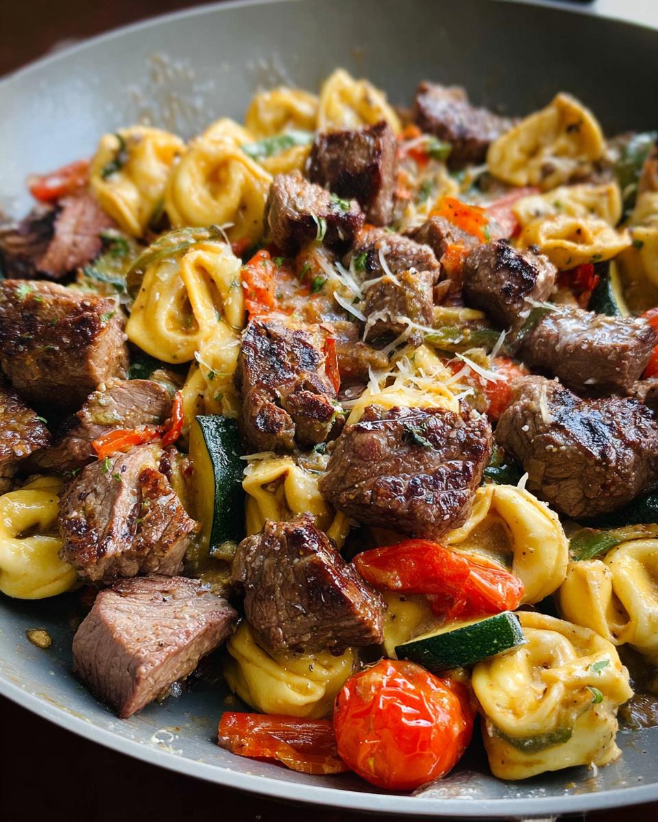 A close-up of Garlic Steak Tortellini, featuring tender steak bites, cheese tortellini, zucchini, and cherry tomatoes.