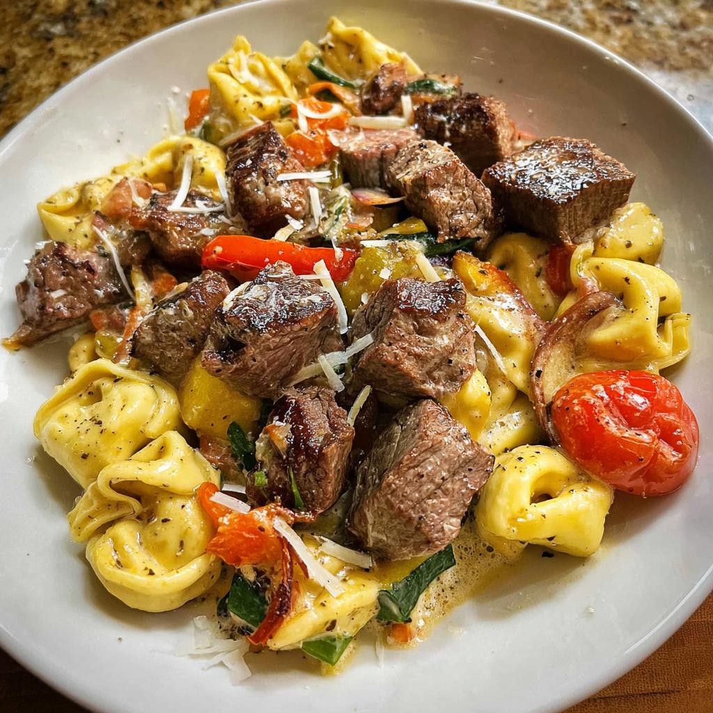 A close-up of Garlic Steak Tortellini, featuring tender steak bites, tortellini pasta, and colorful vegetables in a creamy sauce.