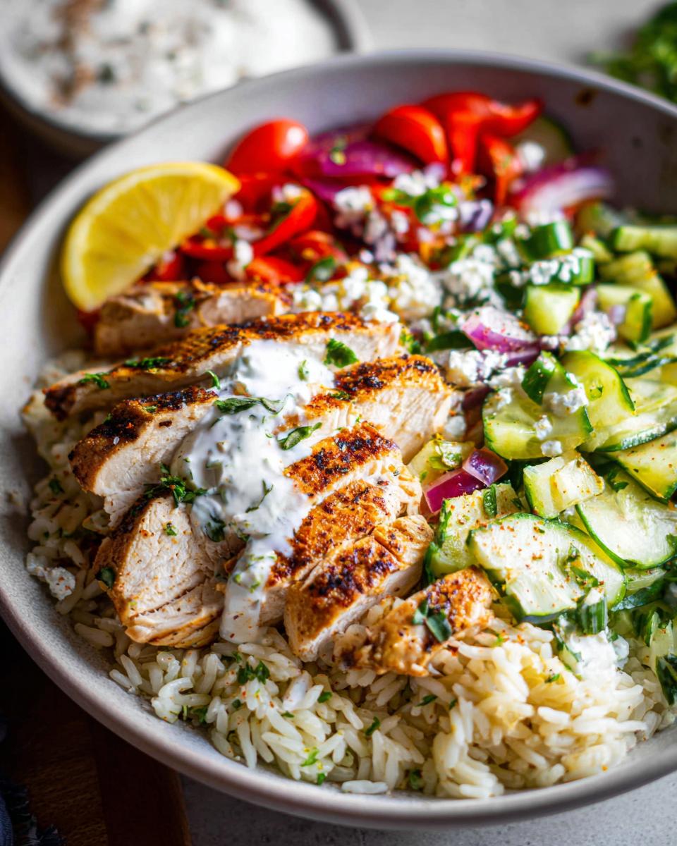A close-up of a Greek Chicken Bowl featuring sliced grilled chicken, rice, cucumber salad, tomatoes, red onion, feta cheese, and a lemon wedge.