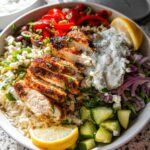 A vibrant bowl of Greek Chicken Bowls featuring grilled chicken, rice, cucumber, red onion, feta, and tzatziki sauce.