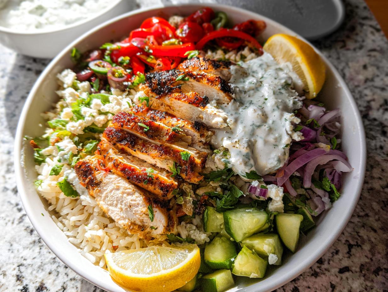 A vibrant bowl of Greek Chicken Bowls featuring grilled chicken, rice, cucumber, red onion, feta, and tzatziki sauce.