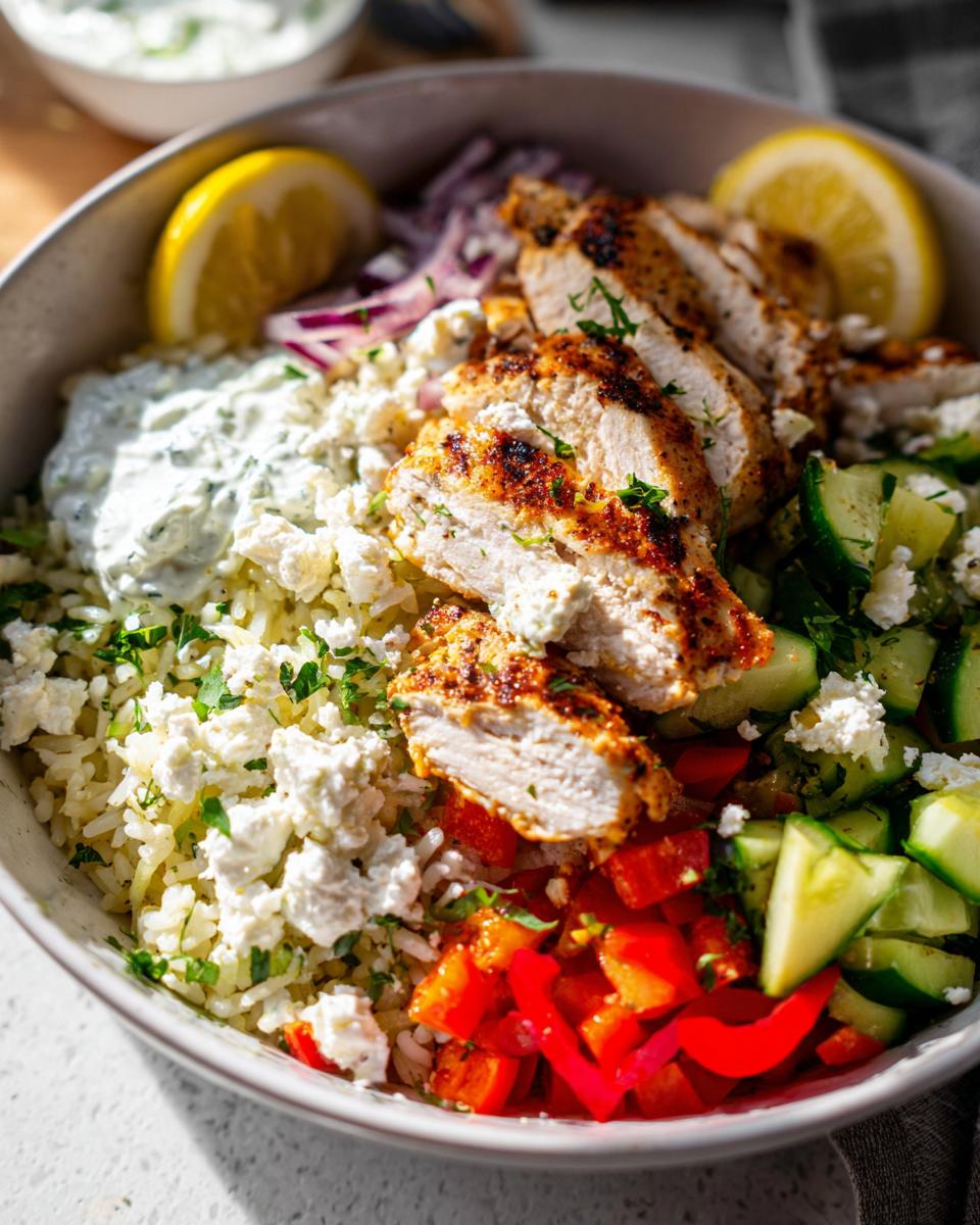 A close-up of a vibrant Greek Chicken Bowl featuring sliced grilled chicken, rice, cucumber, feta, and tzatziki sauce.