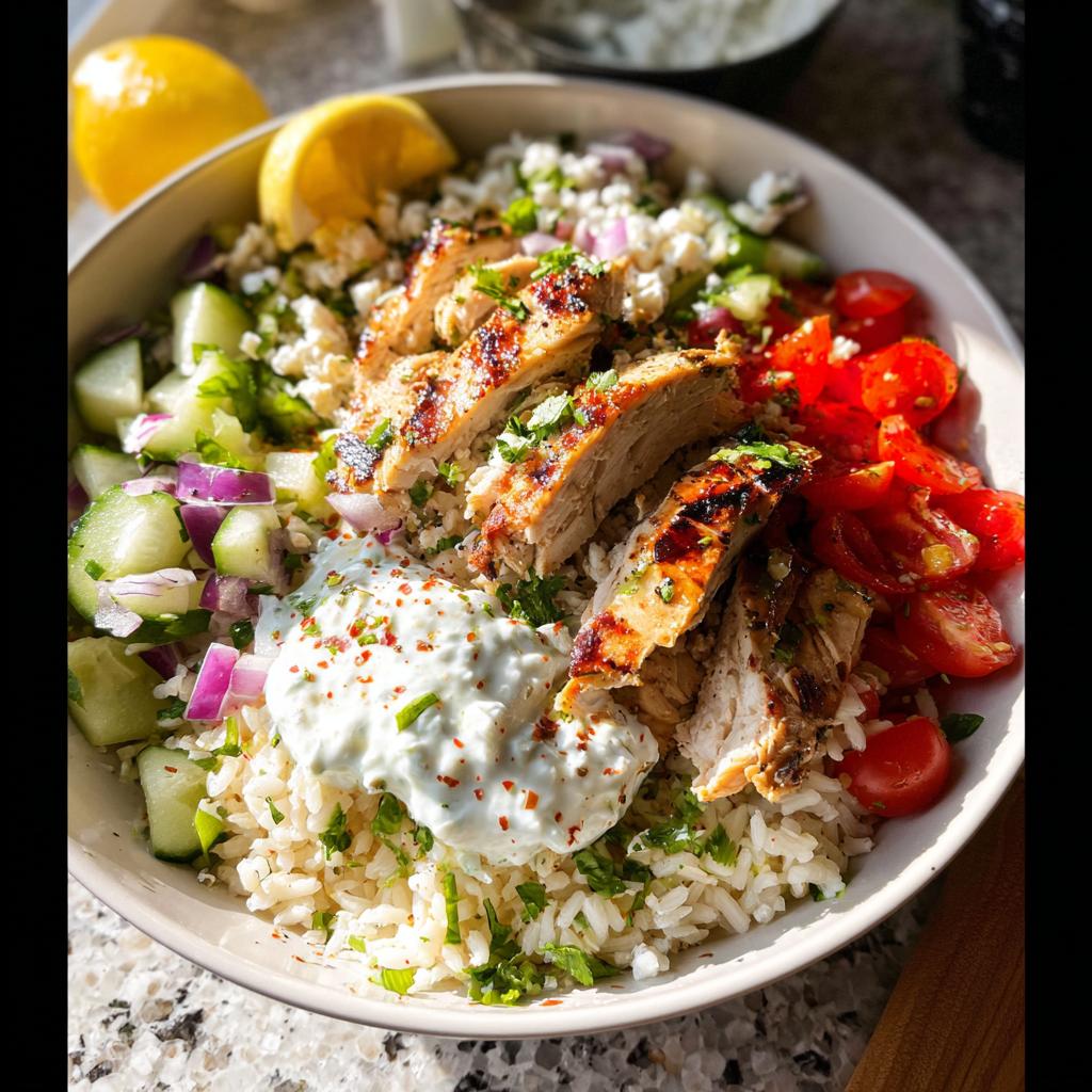 Close-up of a vibrant Greek Chicken Bowl filled with rice, grilled chicken, cucumber, tomatoes, red onion, feta, and tzatziki sauce.