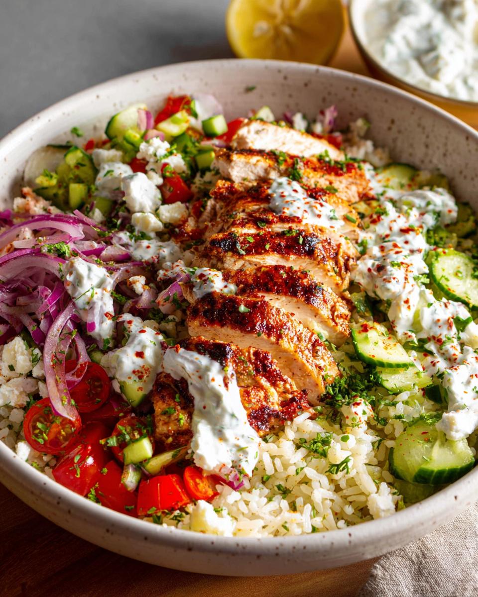 A vibrant bowl of Greek Chicken Bowls, featuring grilled chicken, rice, cucumber, tomato, red onion, feta, and tzatziki sauce.
