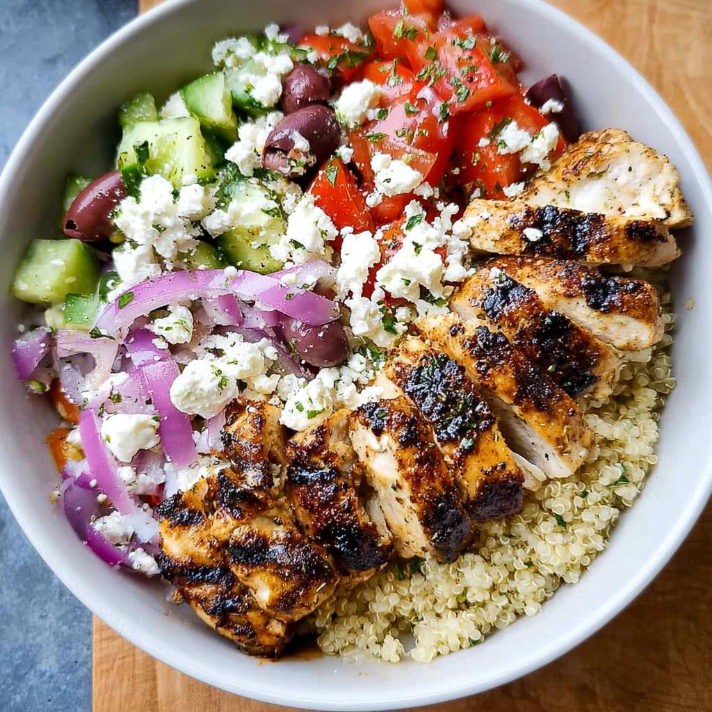 A close-up of a Greek Chicken Bowl with grilled chicken, quinoa, tomatoes, cucumbers, red onion, olives, and feta cheese.