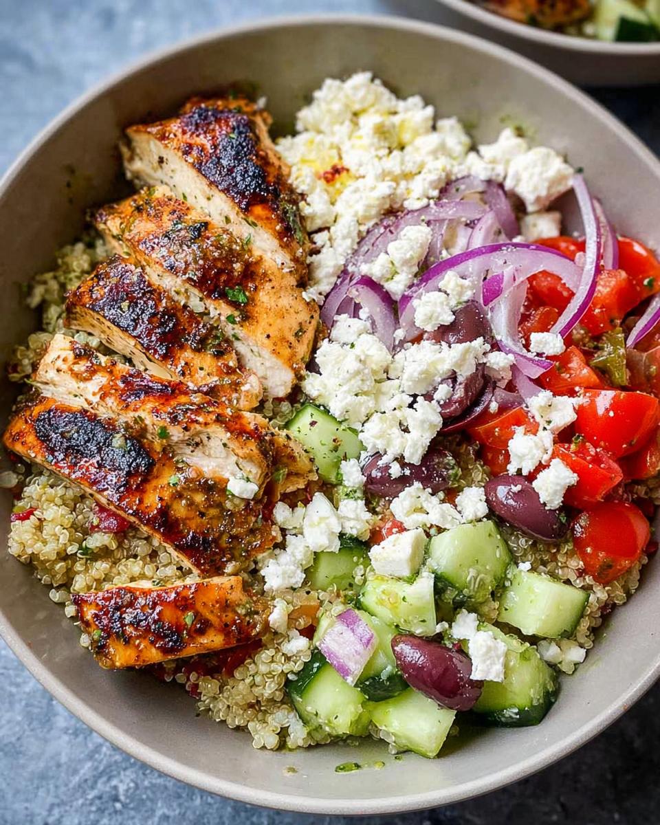 Close-up of a Greek Chicken Bowl with quinoa, grilled chicken, feta cheese, cucumber, tomatoes, and red onion.