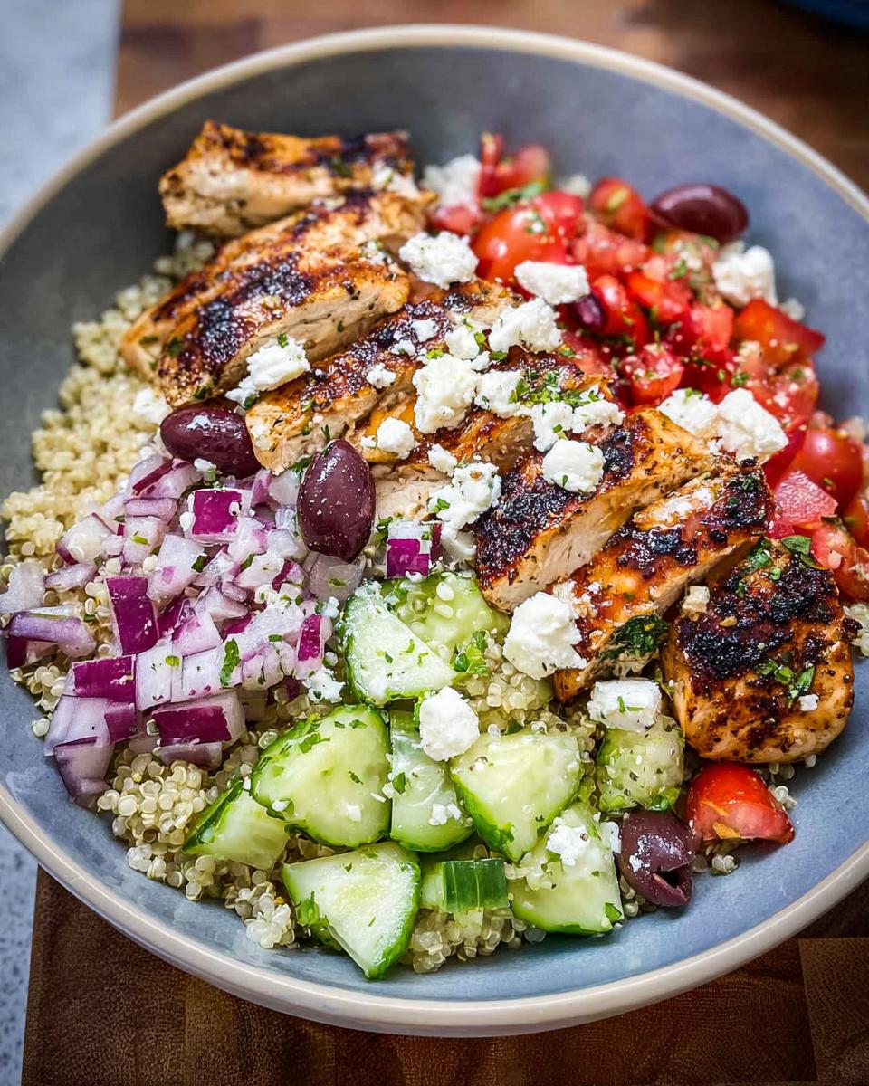 A vibrant bowl of Greek Chicken Bowls with grilled chicken, quinoa, tomatoes, cucumbers, red onion, olives, and feta cheese.