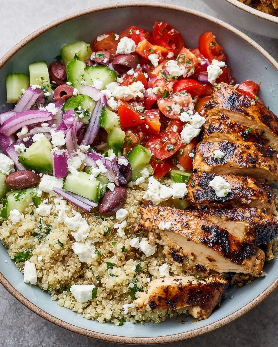 A close-up of a Greek Chicken Bowl with grilled chicken, quinoa, cucumber, tomatoes, red onion, olives, and feta cheese.