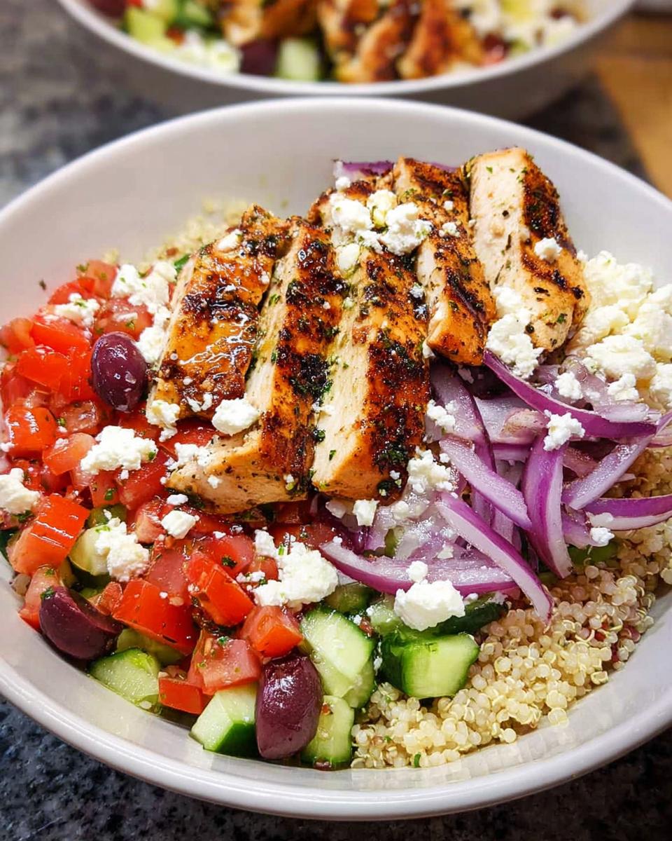 A close-up of a Greek Chicken Bowl filled with quinoa, grilled chicken, tomatoes, cucumbers, red onion, olives, and feta cheese.