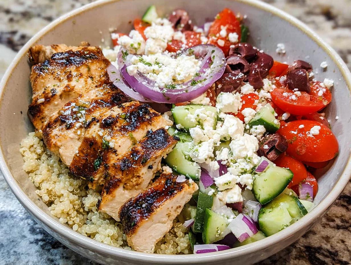 A close-up of Greek Chicken Bowls featuring grilled chicken, quinoa, cucumber, tomatoes, red onion, olives, and feta cheese.