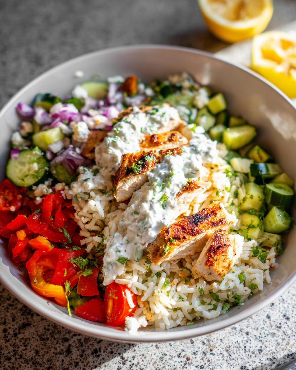 A close-up of a vibrant Greek Chicken Bowl filled with rice, grilled chicken, cucumber, tomatoes, red onion, and tzatziki sauce.