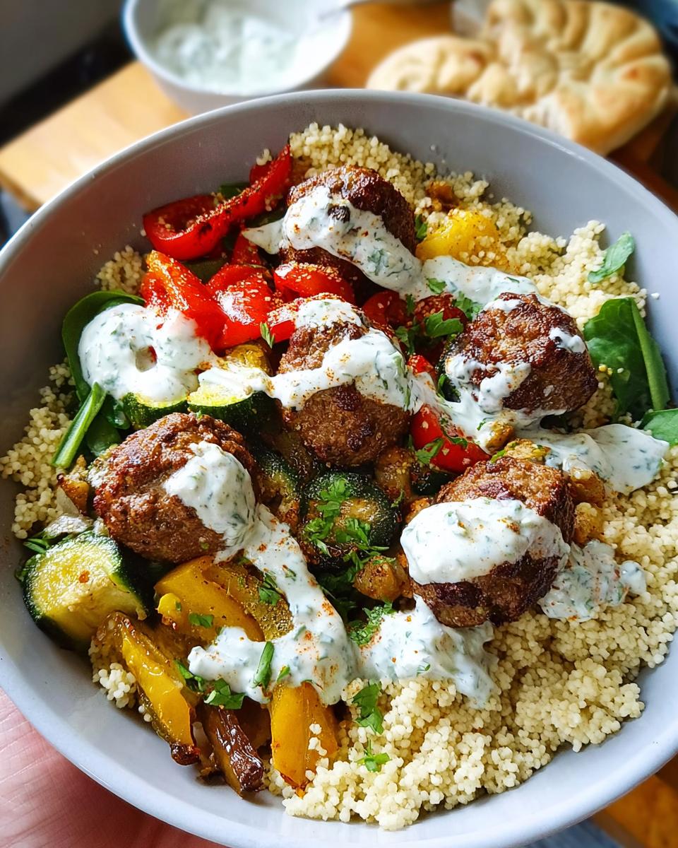 A delicious Greek Meatball Bowl featuring seasoned meatballs, roasted vegetables, couscous, and a creamy yogurt sauce.