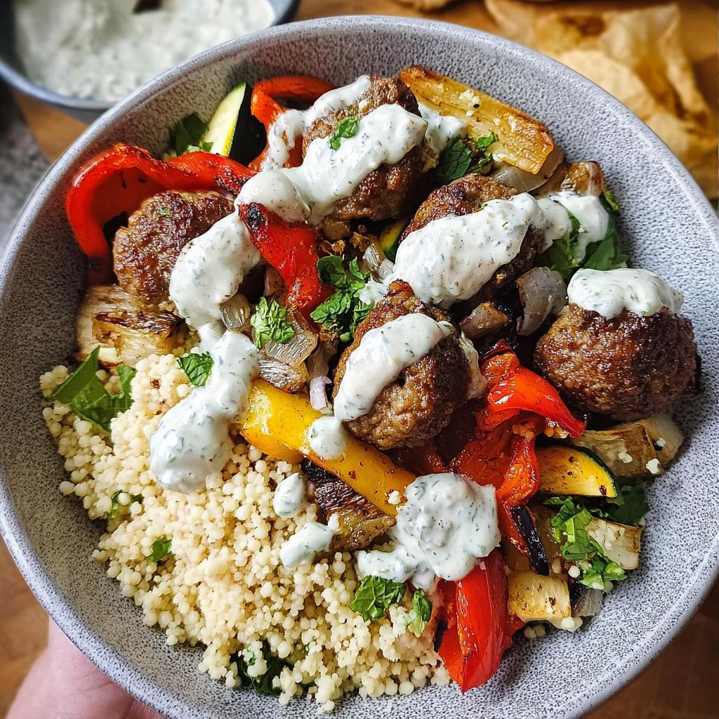 A vibrant Greek Meatball Bowl filled with fluffy couscous, seasoned meatballs, roasted peppers, zucchini, and drizzled with a creamy sauce.